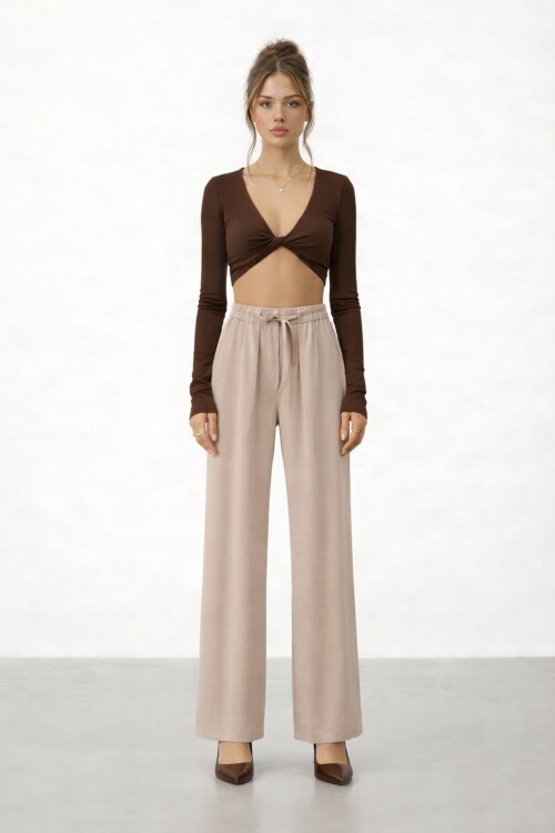 Beli Lastikli Bağlamalı Geniş Paça Pantolon