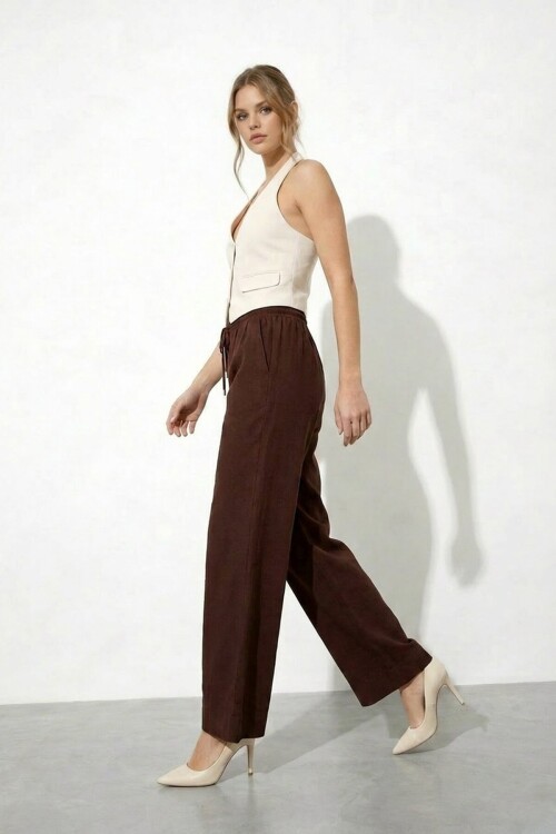 Beli Lastikli Bağlamalı Geniş Paça Pantolon