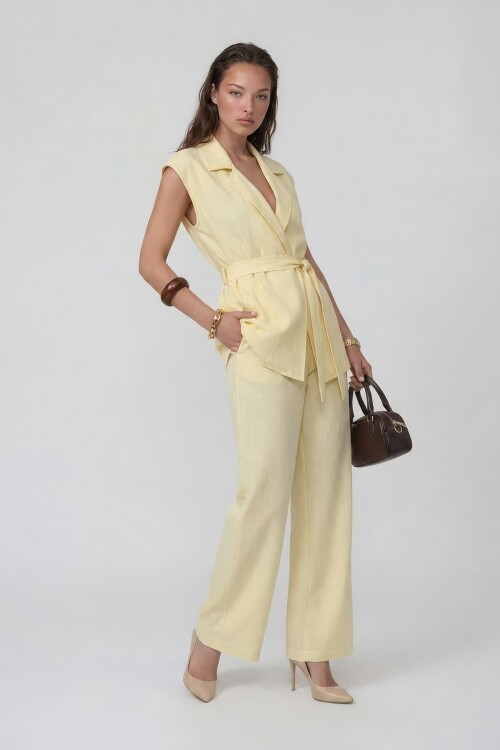 Beli Lastikli Çift Cepli Pantolon Ve Kolsuz Ceket Müslim Takım