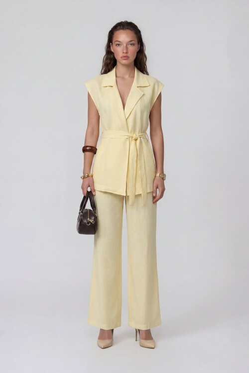 Beli Lastikli Çift Cepli Pantolon Ve Kolsuz Ceket Müslim Takım