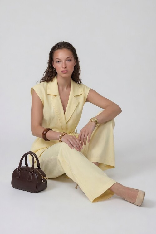 Beli Lastikli Çift Cepli Pantolon Ve Kolsuz Ceket Müslim Takım