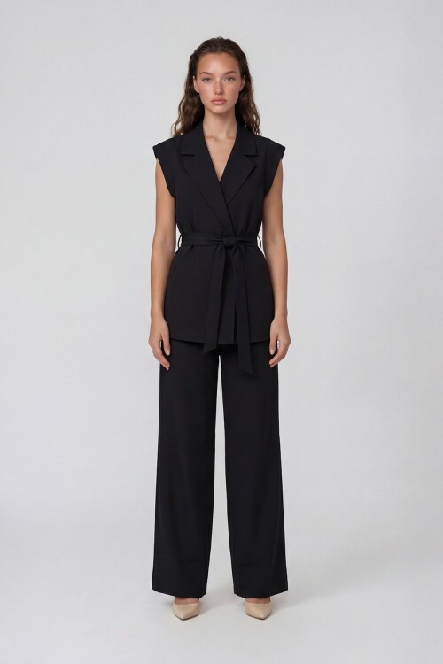 Beli Lastikli Çift Cepli Pantolon Ve Kolsuz Ceket Müslim Takım