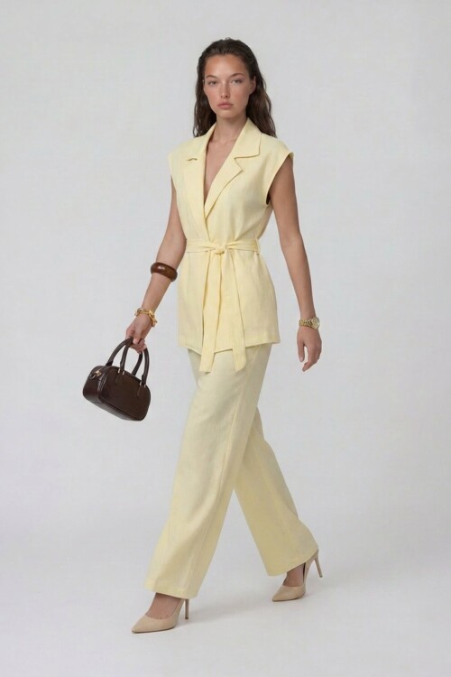 Beli Lastikli Çift Cepli Pantolon Ve Kolsuz Ceket Müslim Takım