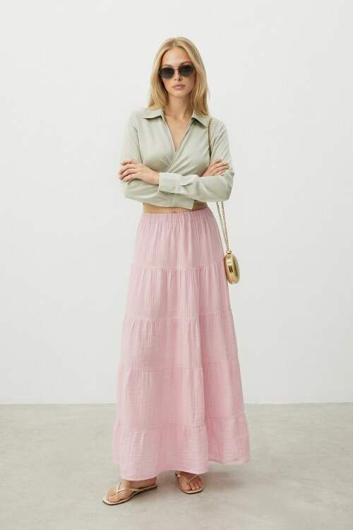 Beli Lastikli Katlı Midi Etek