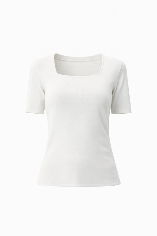 Beyaz Kare Yaka Kısa Kollu Mevsimlik Triko Bluz