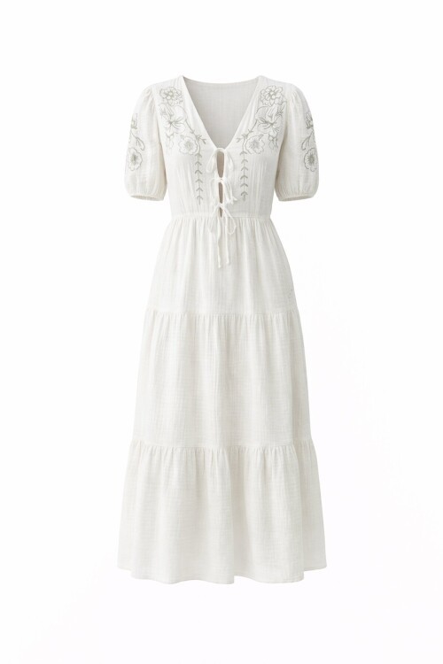 Beyaz Nakışlı Bağlama Detaylı Midi Boy Müslin Elbise