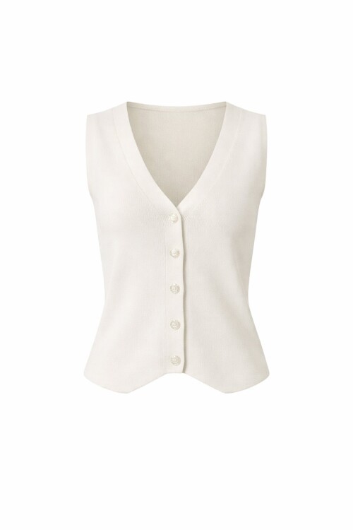 Beyaz V Yaka Düğmeli Yazlık Triko Yelek