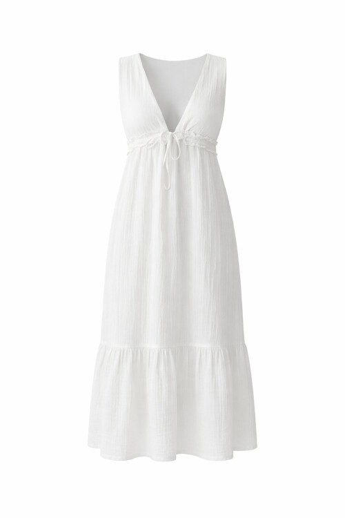 Beyaz V Yaka Fırfır Detaylı Astarlı Müslin Elbise