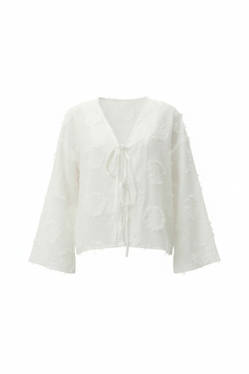 Beyaz V Yaka Önü Bağlamalı Püskül Detaylı Yazlık Keten Ceket