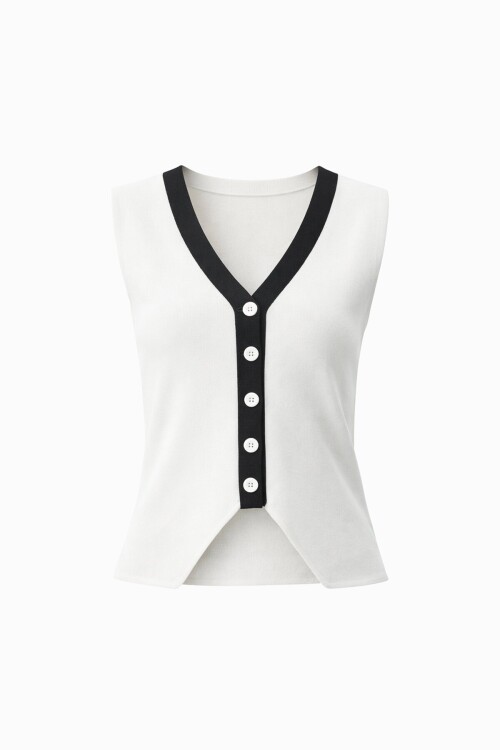 Beyaz V Yaka Renk Bloklu Triko Yelek