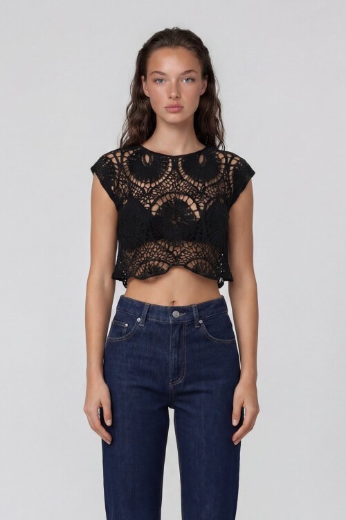 Bisiklet Yaka Ajur Desenli Kısa Kol Transparan Bluz