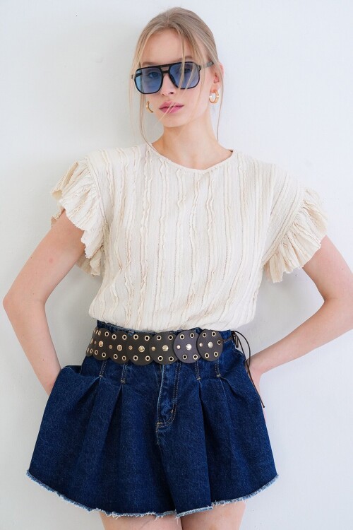 Bisiklet Yaka Kolları Fırfırlı Örme Bluz