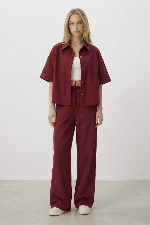 Bordo Keten Gömlek Ve Palazzo Pantolon Takım