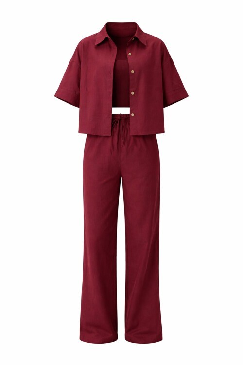 Bordo Keten Gömlek Ve Palazzo Pantolon Takım
