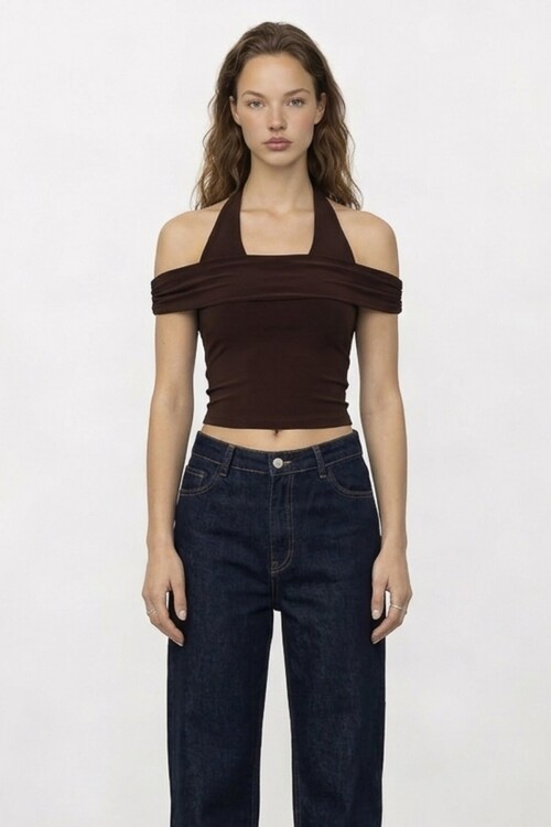 Boyundan Askılı Drapeli Dar Kalıp Bluz