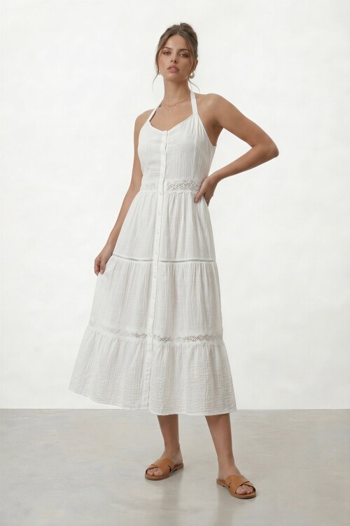 Boyundan Bağlamalı Düğmeli Katlı Midi Elbise