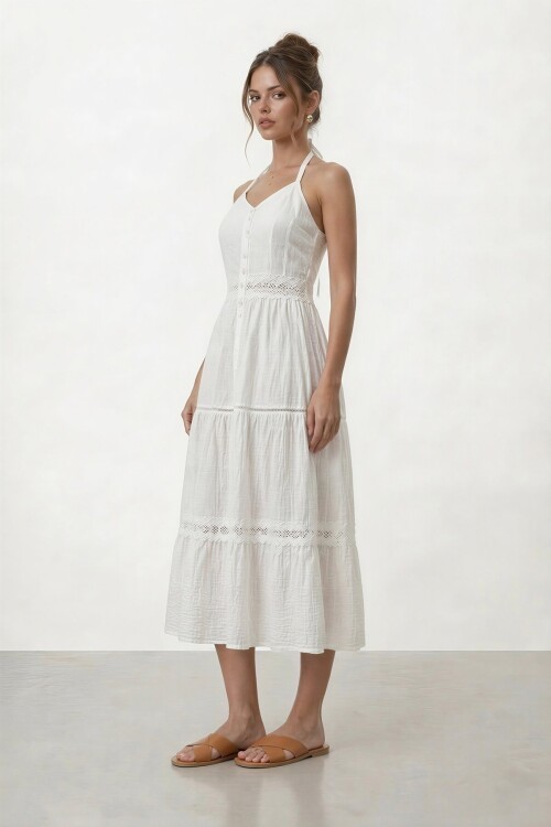 Boyundan Bağlamalı Düğmeli Katlı Midi Elbise