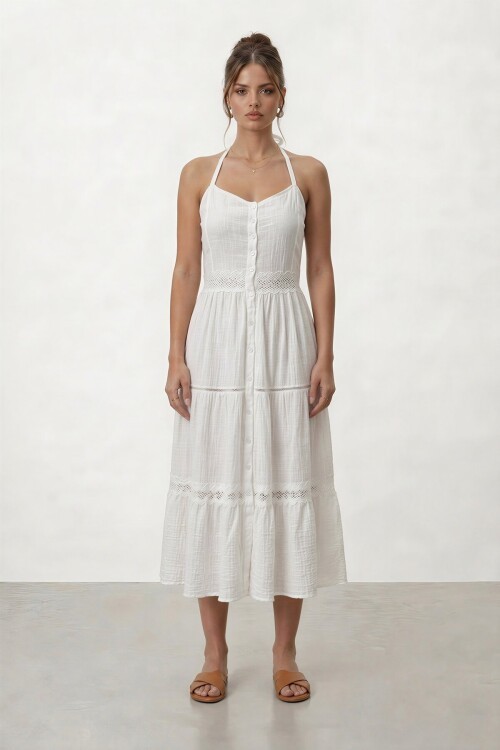 Boyundan Bağlamalı Düğmeli Katlı Midi Elbise