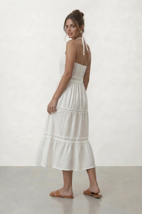 Boyundan Bağlamalı Düğmeli Katlı Midi Elbise