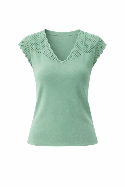 Çağla Yeşili V Yaka Delik Ajurlu Mevsimlik Triko Bluz