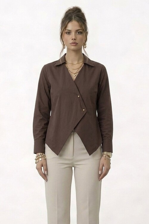 Çapraz Kapama Detaylı Uzun Kol Bluz