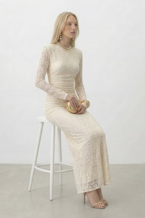 Dantelli Uzun Kol Midi Boy Elbise