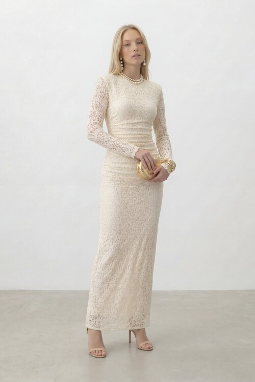 Dantelli Uzun Kol Midi Boy Elbise