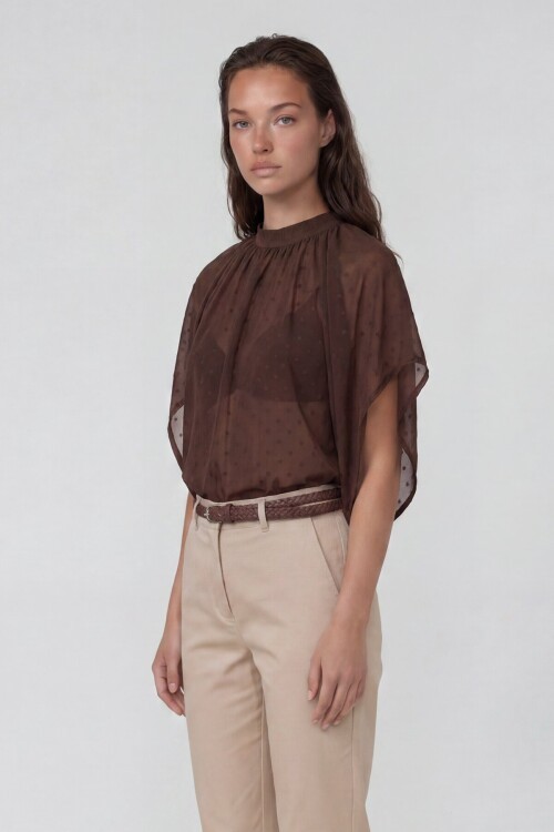 Dik Yaka Bağlamalı Drape Detaylı Şifon Bluz
