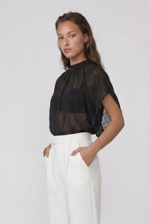 Dik Yaka Bağlamalı Drape Detaylı Şifon Bluz