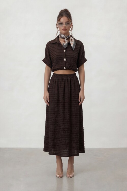 Dokulu Crop Ve Midi Etek Takım