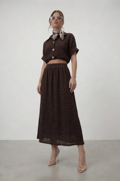 Dokulu Crop Ve Midi Etek Takım