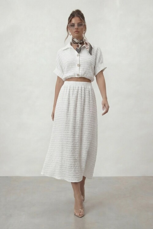 Dokulu Crop Ve Midi Etek Takım