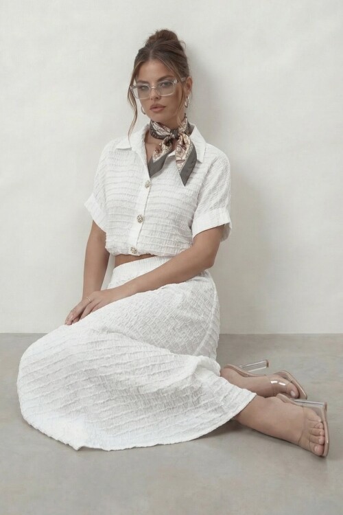 Dokulu Crop Ve Midi Etek Takım