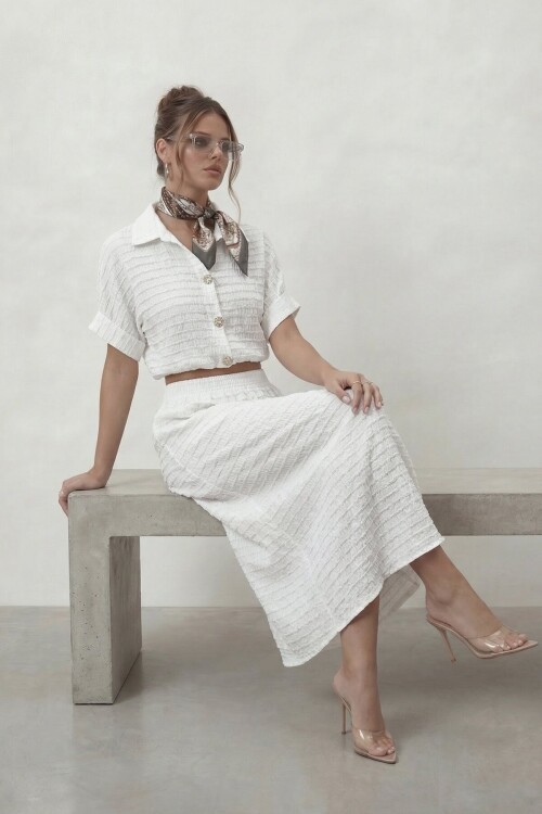 Dokulu Crop Ve Midi Etek Takım