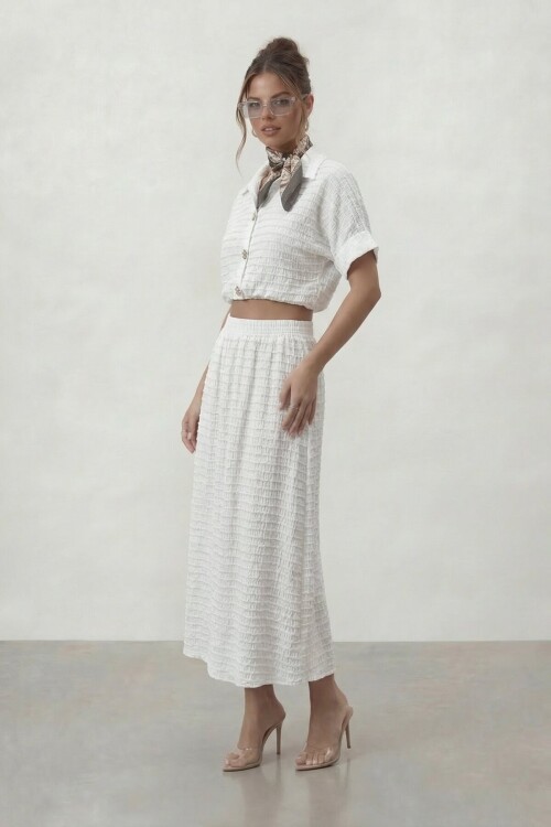 Dokulu Crop Ve Midi Etek Takım