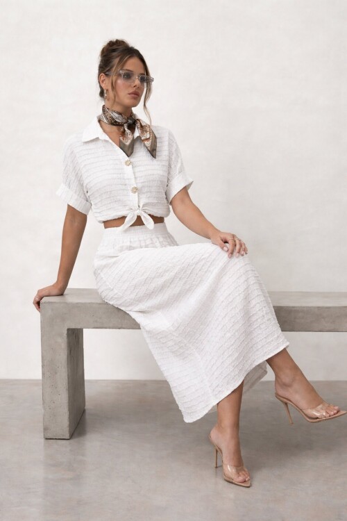 Dokulu Crop Ve Midi Etek Takım