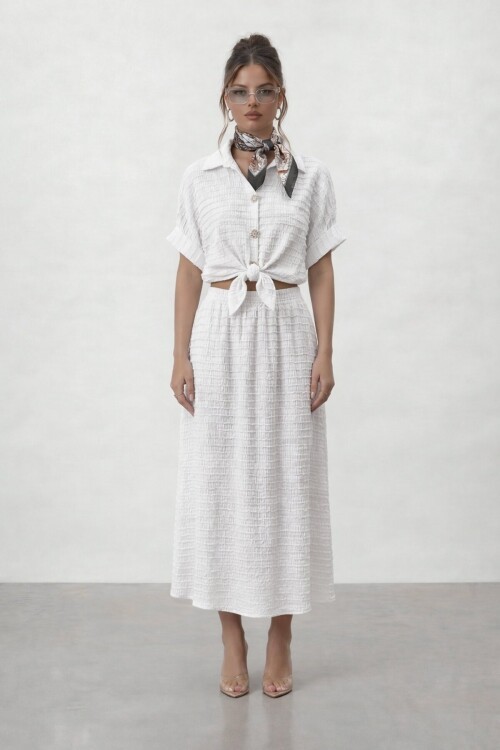 Dokulu Crop Ve Midi Etek Takım