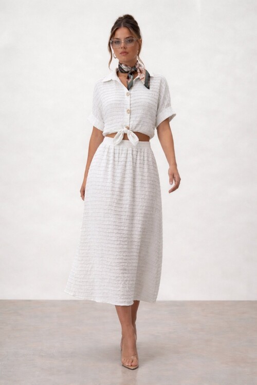 Dokulu Crop Ve Midi Etek Takım