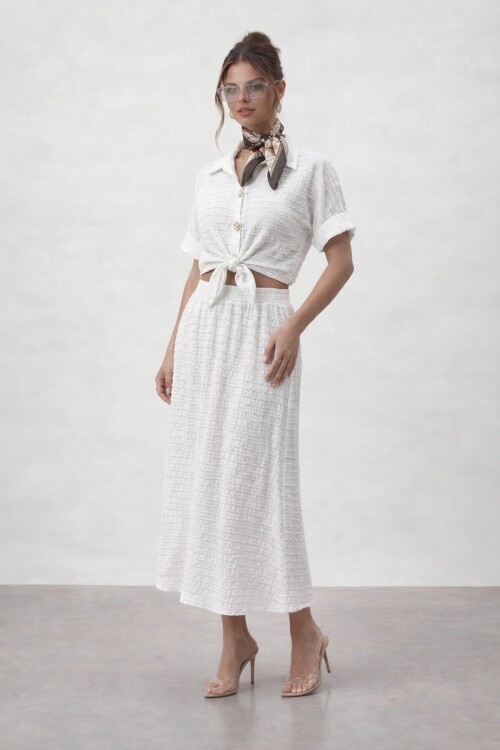 Dokulu Crop Ve Midi Etek Takım