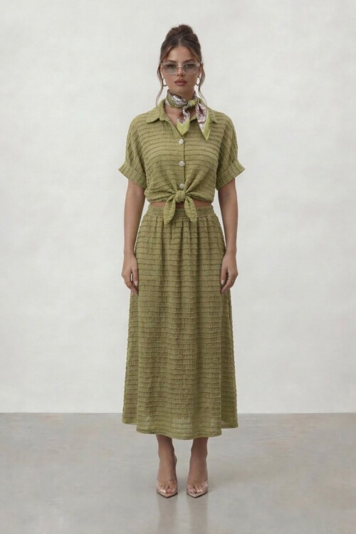 Dokulu Crop Ve Midi Etek Takım