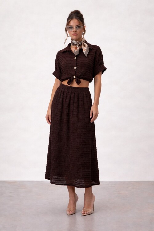 Dokulu Crop Ve Midi Etek Takım