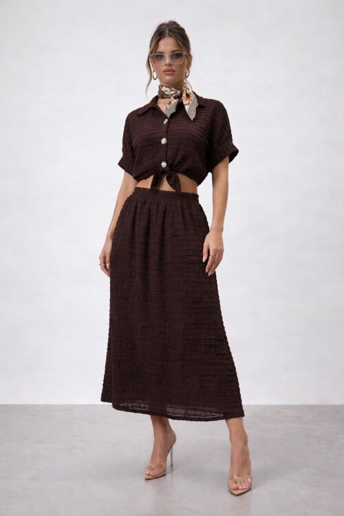 Dokulu Crop Ve Midi Etek Takım