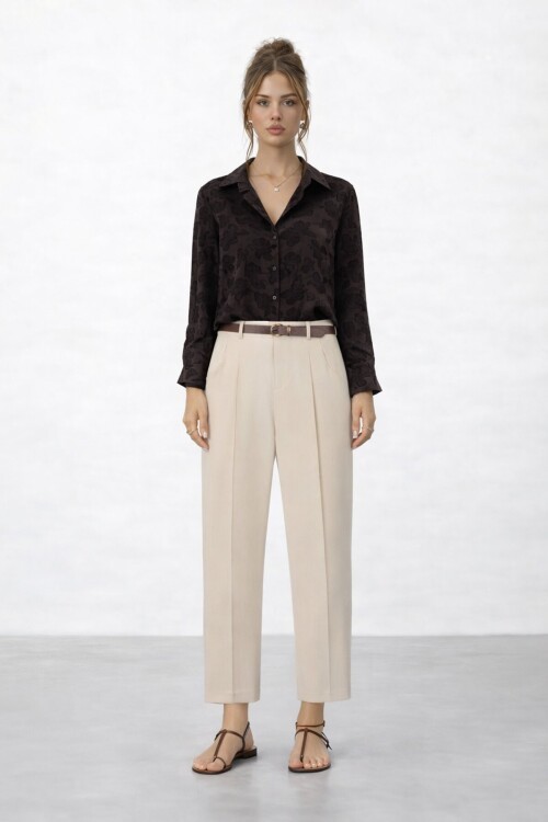 Dokulu Düğmeli Uzun Kol Gömlek