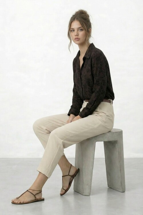 Dokulu Düğmeli Uzun Kol Gömlek