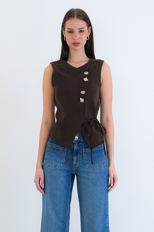 Düğmeli Bağlamalı Kolsuz Bluz