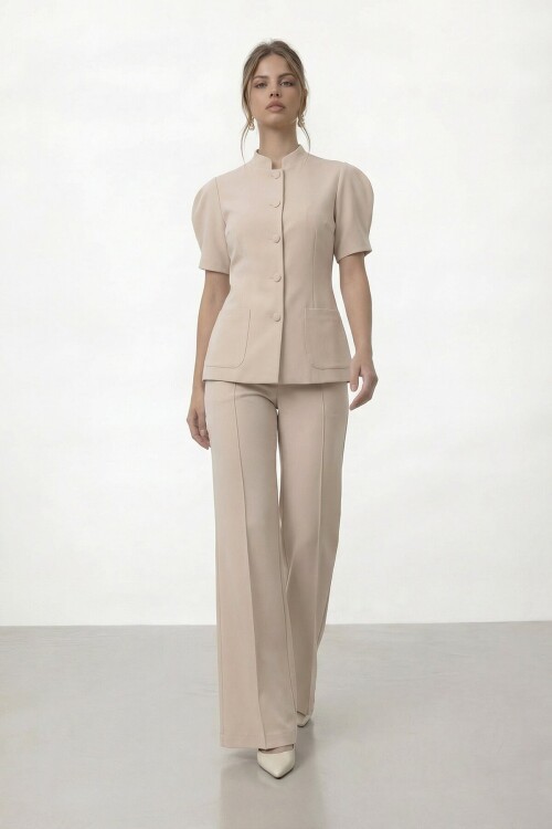 Düğmeli Çift Cepli Ceket Ve İspanyol Paça Pantolon Takım