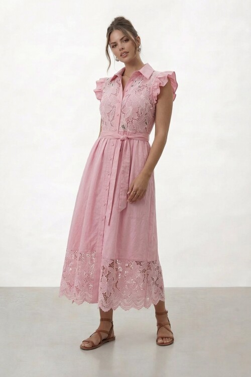 Düğmeli Fırfır Kollu Dantel Detaylı Midi Elbise