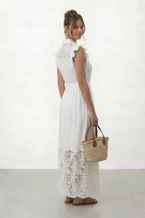 Düğmeli Fırfır Kollu Dantel Detaylı Midi Elbise