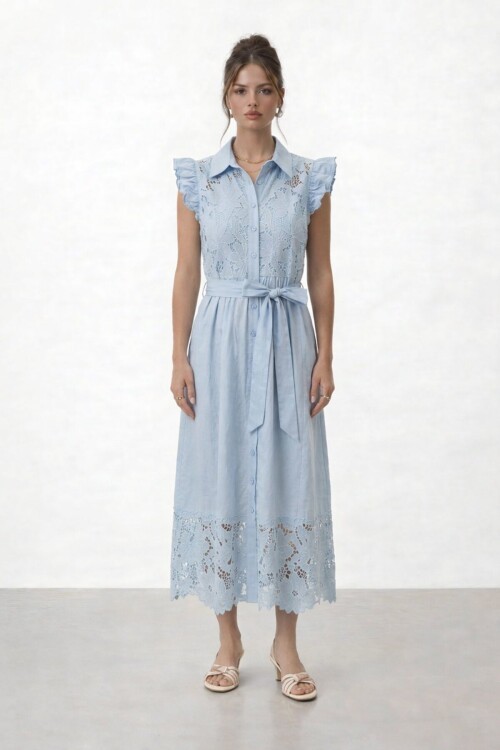 Düğmeli Fırfır Kollu Dantel Detaylı Midi Elbise