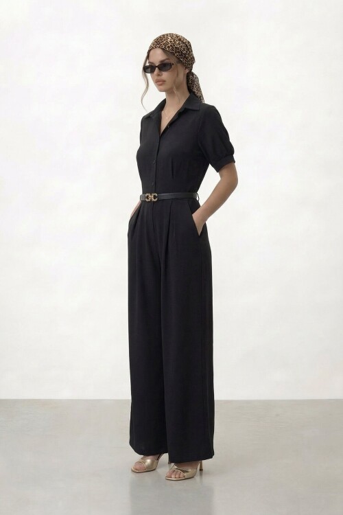 Düğmeli Kısa Kol Kemerli Geniş Paça Tulum